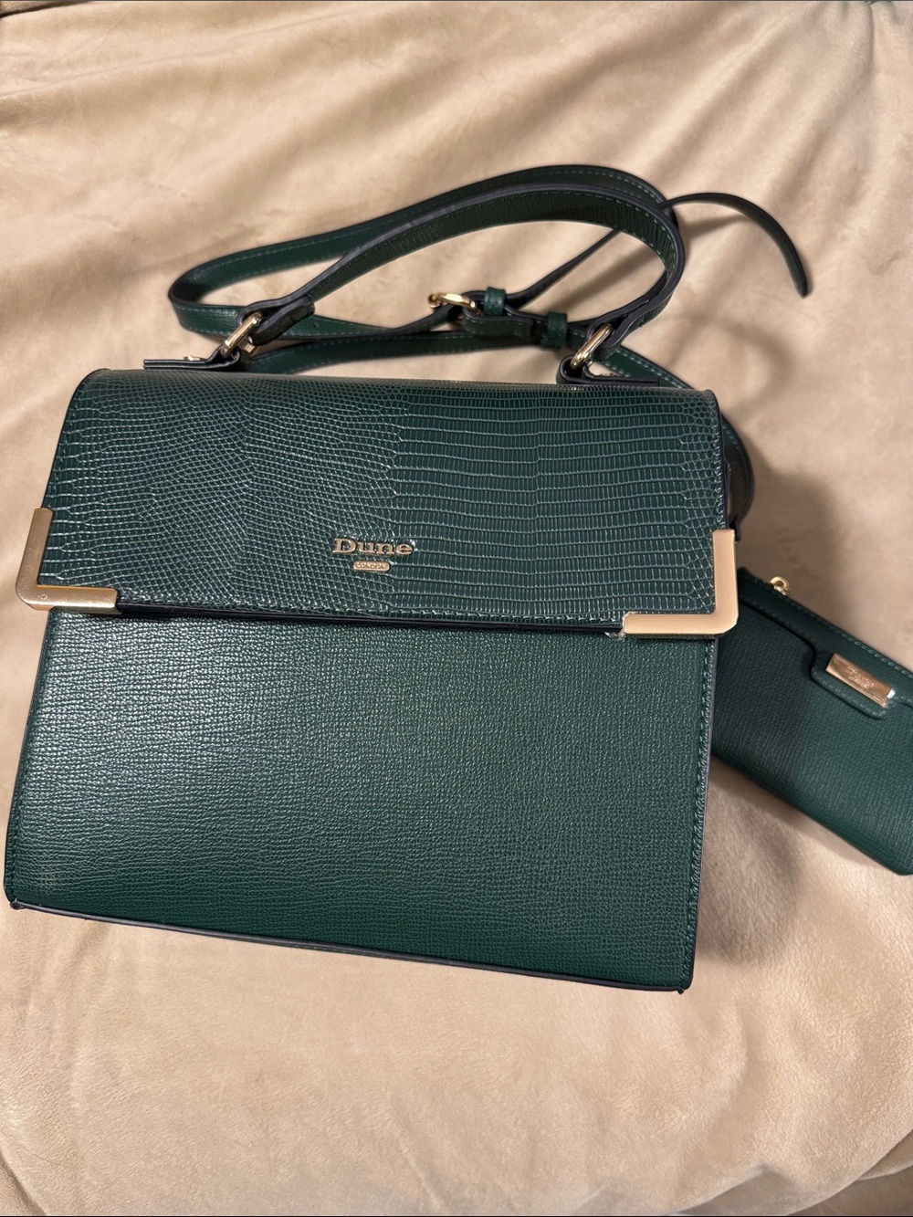 Dune London Emerald Green Textured Top-Handle Satchel with Gold Trim